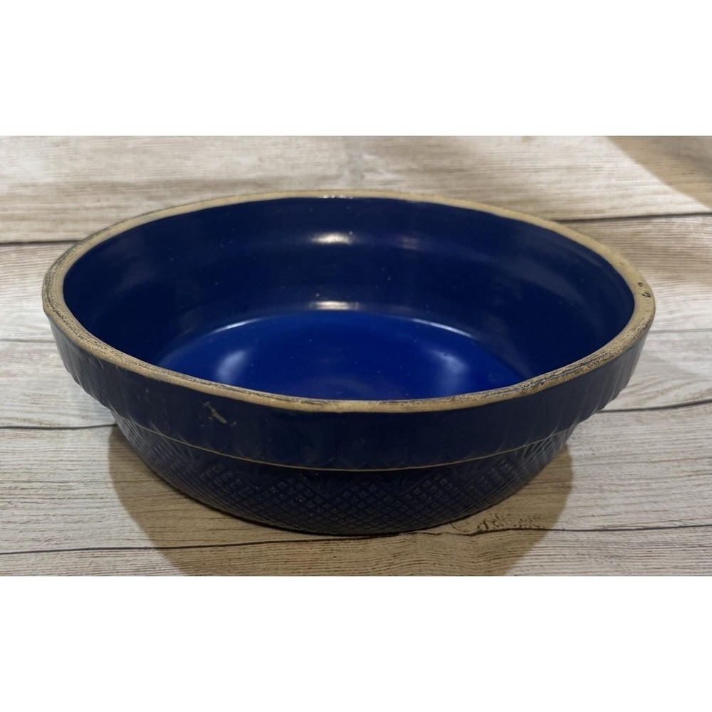 Vintage Blue Stoneware Crock Clay 9" Bowl Roseville ? Pie Dish Farmhouse